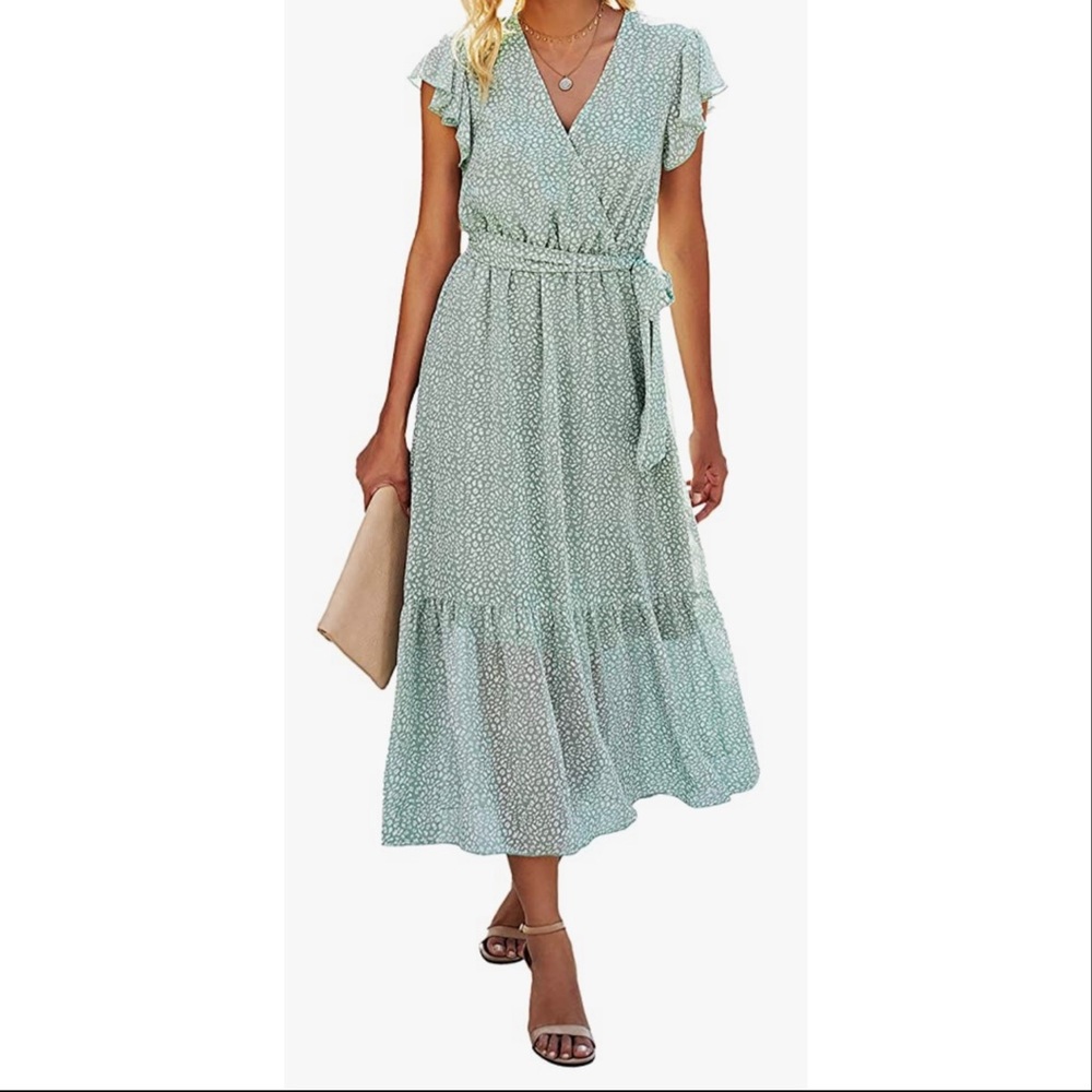 Mint/green printed wrap midi dress